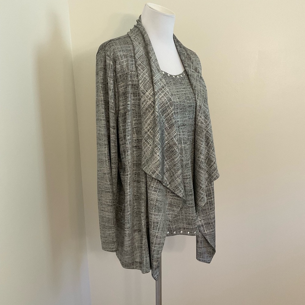 Ruby Rd. Gray Rhinestone Edge Trimmed Cardigan Sweater Set - Picture 3 of 7